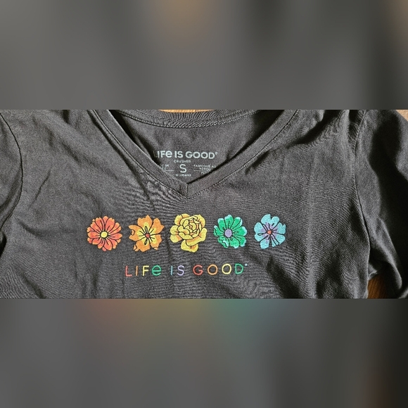 Life is Good Rainbow Flower Black Long Sleeved V Neck - Picture 2 of 4